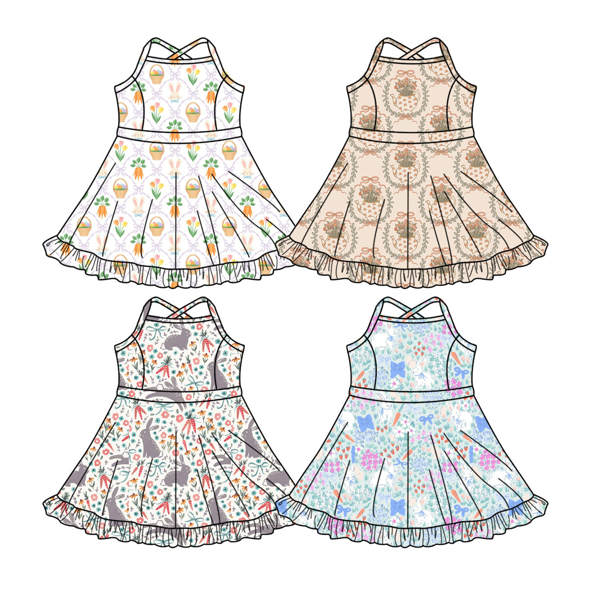Custom moq 5 mix size Sibling Baby Girl's Bunny Print Easter Sleeveless Knee-Length Yoga Dress