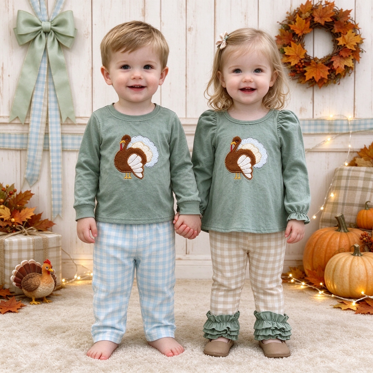 Embroidery Turkey Thanksgiving Sibling Collection - Baby Boys Embroidery Turkey PJ Set & Baby Girls Turkey Embroidery Tunic Icing Legging Set