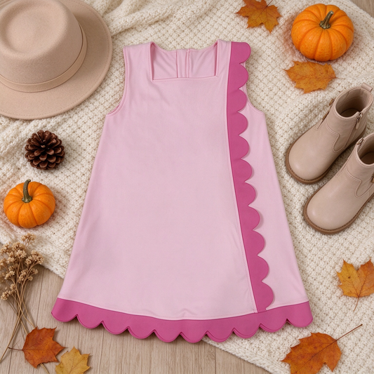 NEW RTS NO MOQ yoga fabric cotton GSD4240 Yoga Baby Girls Pink Sleeveless Yoga Active Scallop Knee Length Dresses