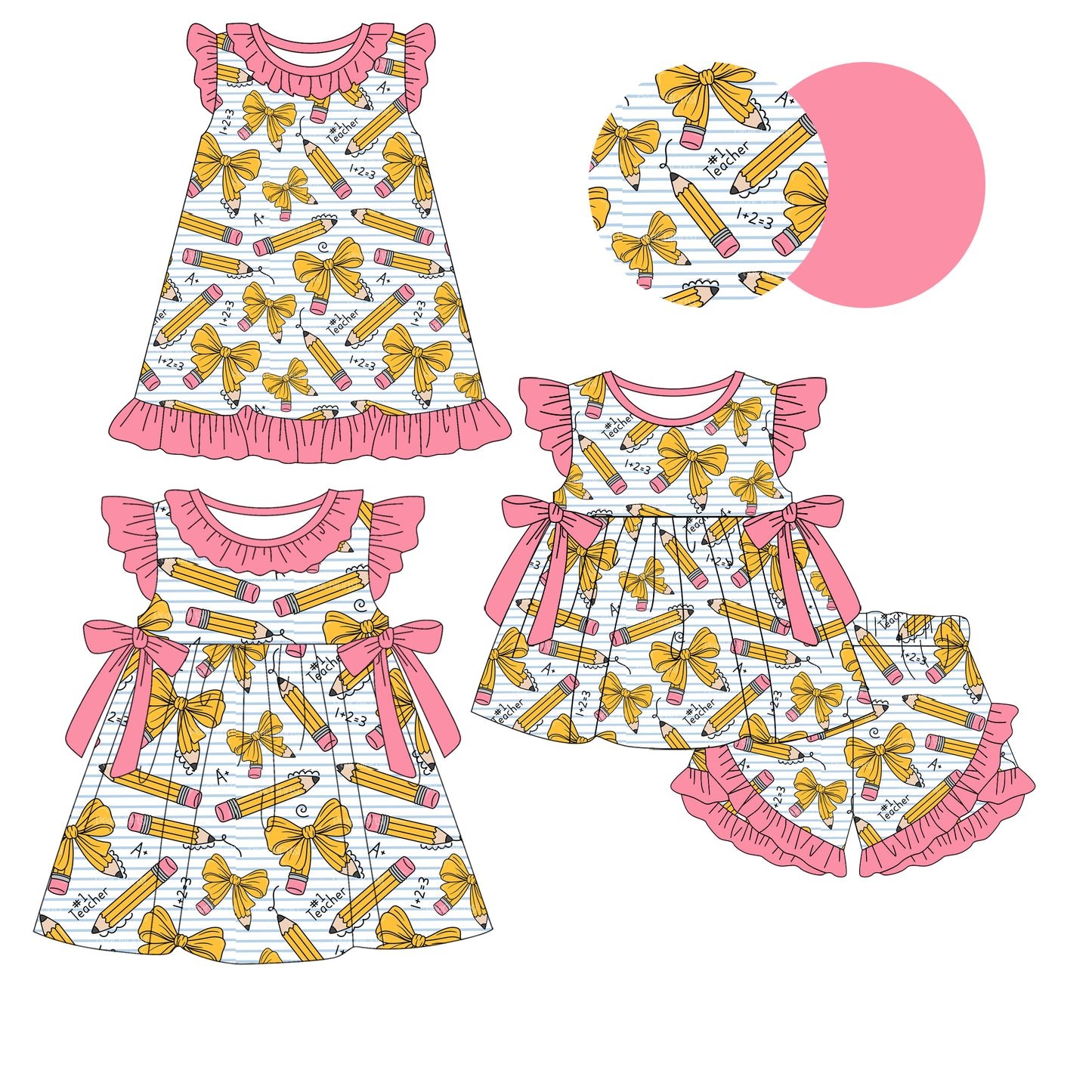 25.12.16 custom each style moq 5 eta 6-8week Sibling Sister pencil bow baby short sleeve shorts sets and romper and dress match design