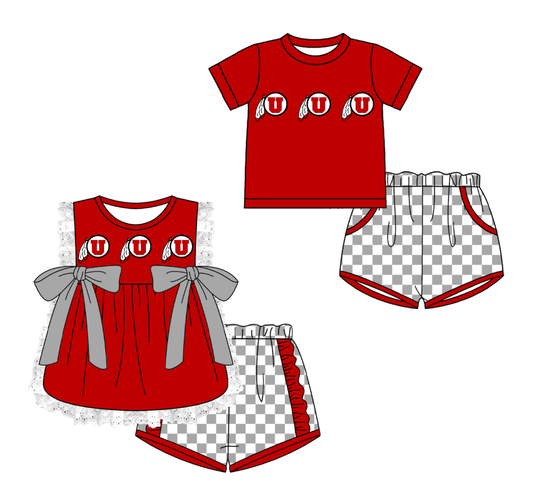 Custom moq 5 mix size milk silk summer teams Red Girl Sleeveless Top And Plaid Shorts Set with Bow Boy Short Sleeved Top And Plaid Shorts Set