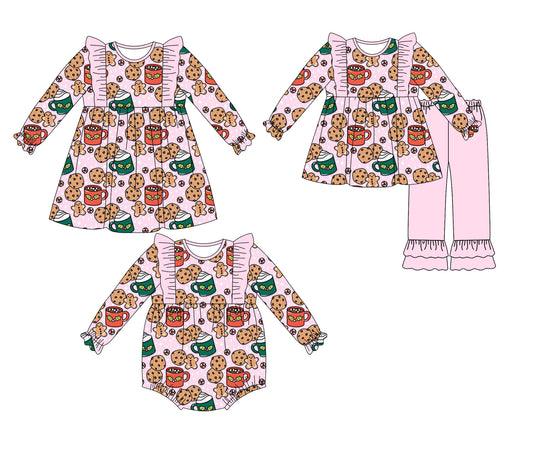 25.5.12 custom each style moq 5eta 4-6week Sibling Sisters Christmas biscuit baby girl long sleeve pants sets and dress and rompers match family design