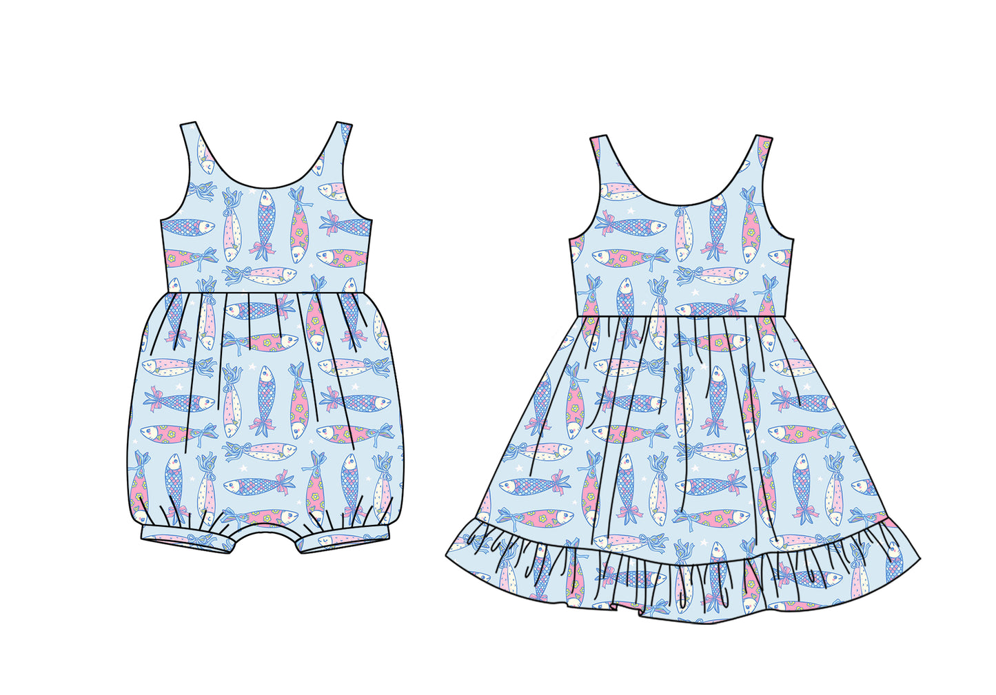 25.12.9 custom each style moq 5 eta 6-8week Sibling Siste fishing baby short sleeve romper and dress match design