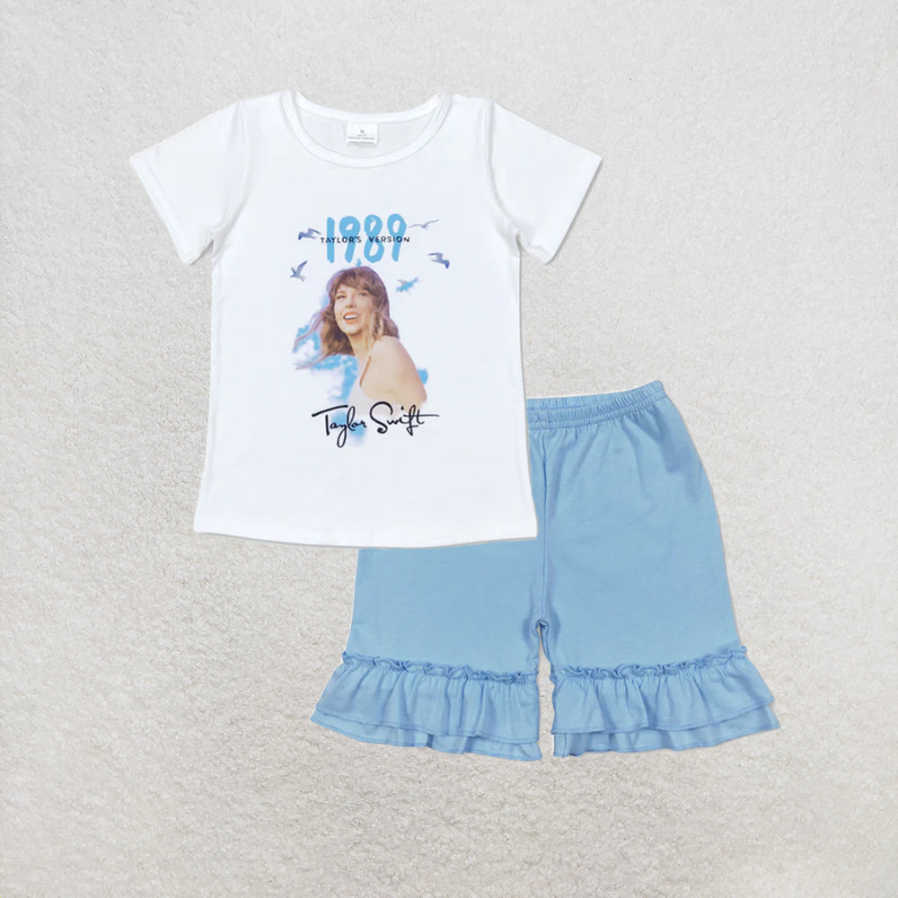 RTS NO MOQ milk silk GT0531+SS0183 Baby Girls 1989 White Singer Short Sleeve Tee Shirts Tops Ruffle Shorts Set