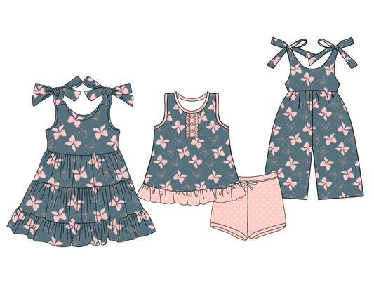 3.22 custom each style moq 5eta 4-6week Sibling Sister bow baby girl short sleeve shorts sets and dresses and jumpsuit match design