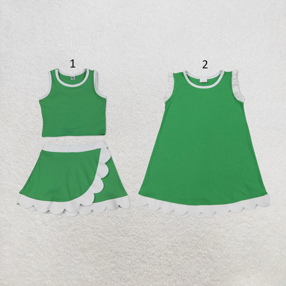 RTS NO MOQ Sibling cotton Baby Girls White Green Sleeveless Vest And Scallop Hem Short Skirt Yoga Set Scallop Knee Length Dresses