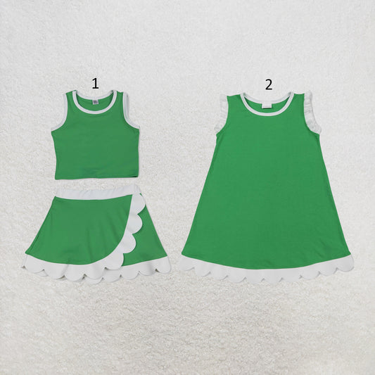 RTS NO MOQ Sibling cotton Baby Girls White Green Sleeveless Vest And Scallop Hem Short Skirt Yoga Set Scallop Knee Length Dresses