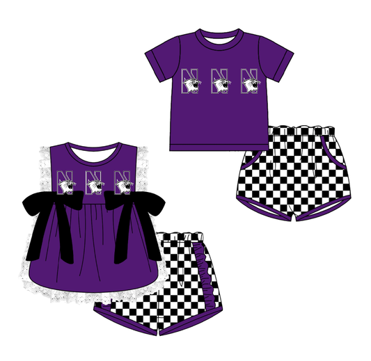 Custom moq 5 mix size milk silk summer teams Purple Girl Sleeveless Top And Plaid Shorts Set with Bow Boy Short Sleeved Top And Plaid Shorts Set