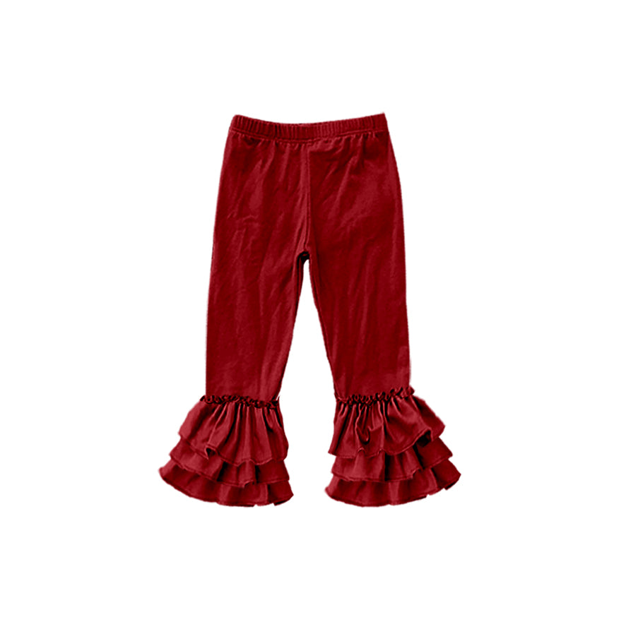 custom moq 5 girls icing cotton pants Burgundy three-tiered ruffled trousers