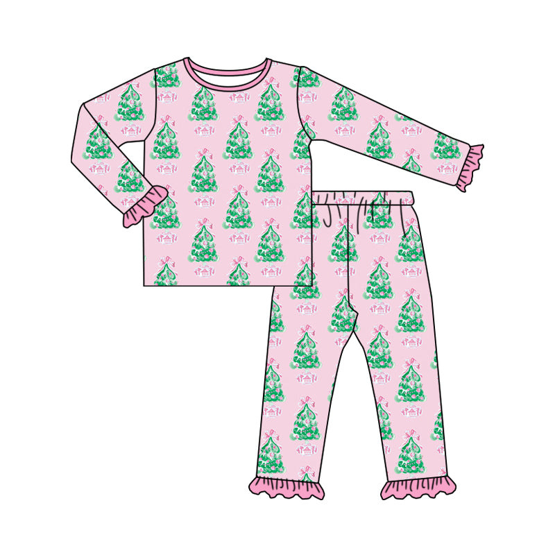 7.11 custom each style moq 5eta 4-6week Sibling Sister Christmas trees pink baby boys sets and rompers match family design