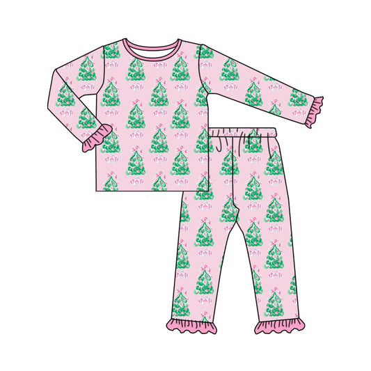 7.11 custom each style moq 5eta 4-6week Sibling Sister Christmas trees pink baby boys sets and rompers match family design