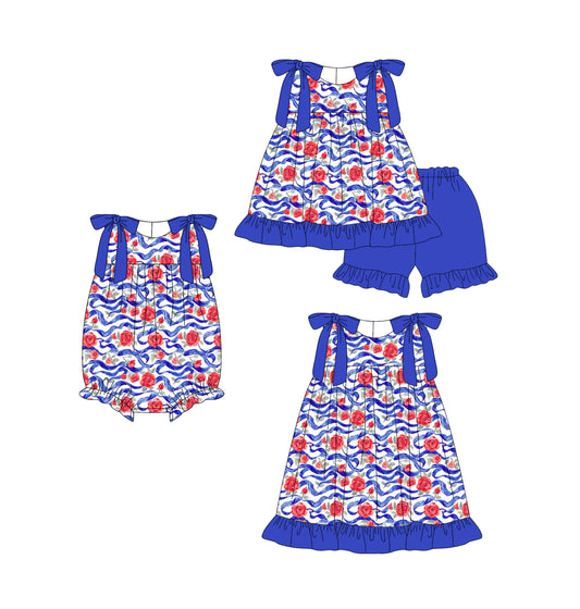 4.15 custom each style moq 5eta 4-6week Sibling Sisters floral blue baby girl short sleeve shorts sets and dress and rompers match family design