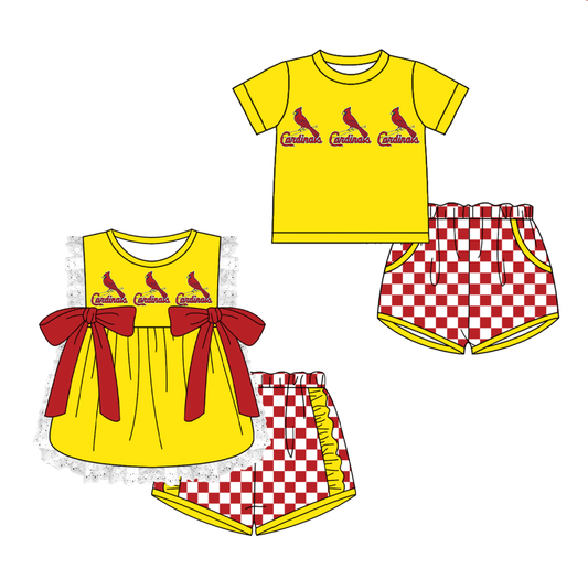 Custom moq 5 mix size milk silk summer teams Yellow Girl Sleeveless Top And Plaid Shorts Set with Bow Boy Short Sleeved Top And Plaid Shorts Set