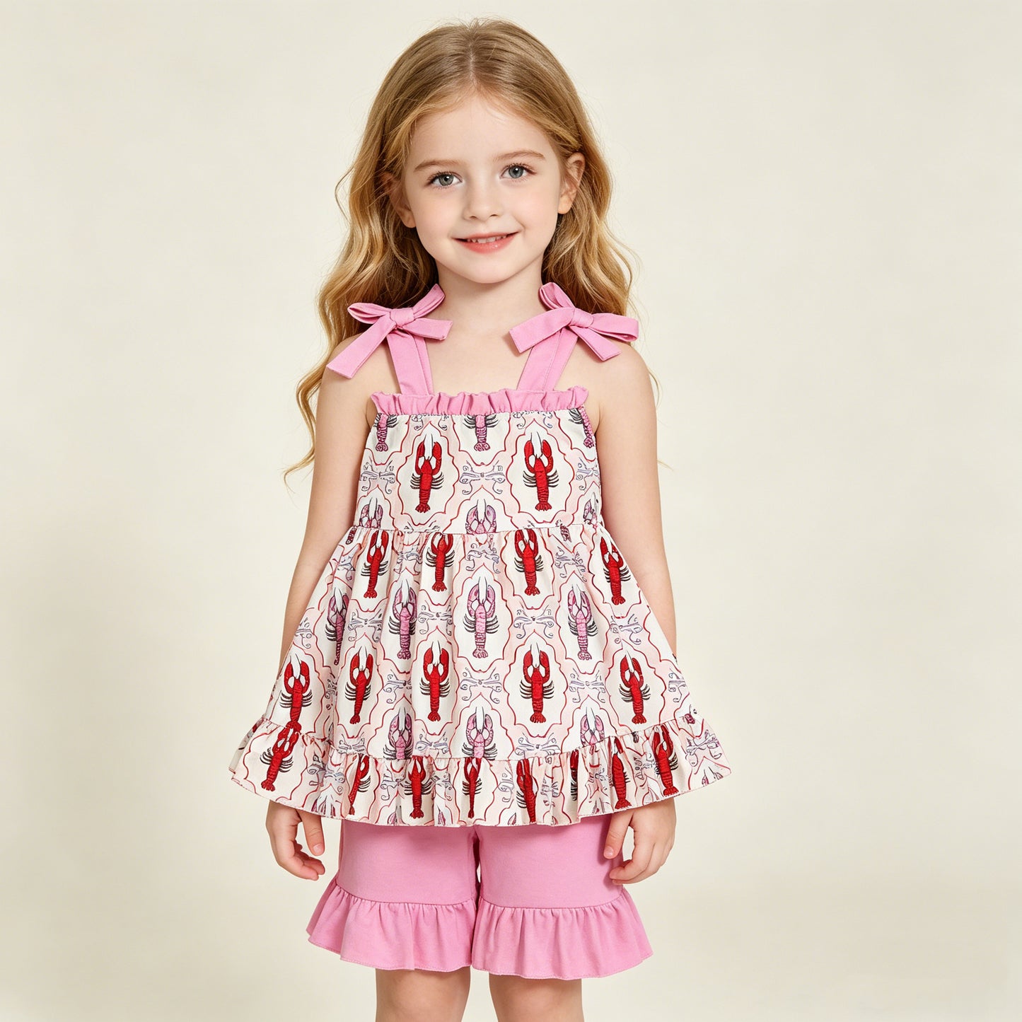 RTS NO MOQ GSSO3299 Baby Girls Checked Tunic Ruffle Shorts Outfit with Strap Bows Crayfish Clothing Set for Infants
