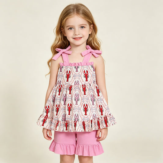 RTS NO MOQ GSSO3299 Baby Girls Checked Tunic Ruffle Shorts Outfit with Strap Bows Crayfish Clothing Set for Infants