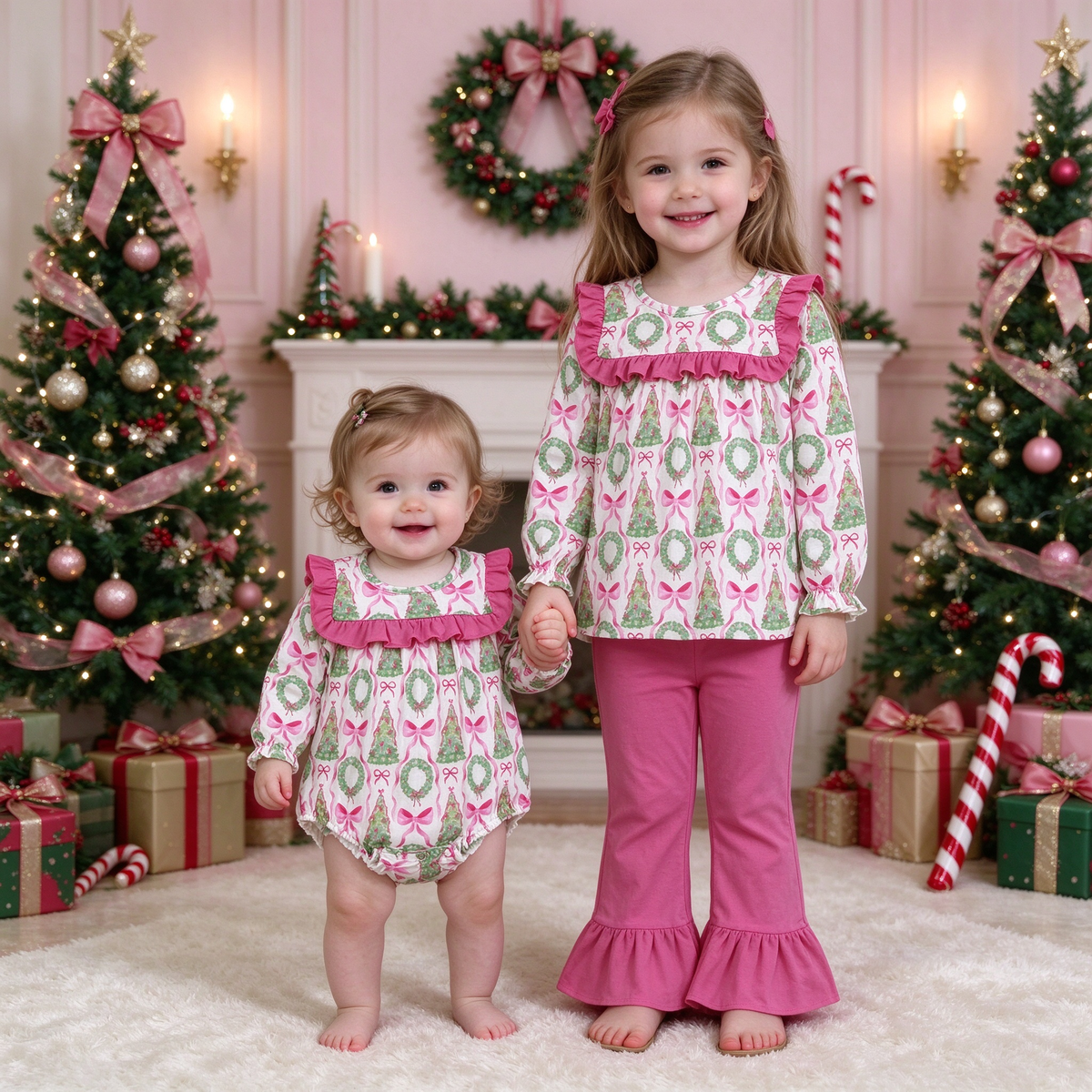 Baby Girls Christmas Bows Trees Wreath Collection - Magenta Ruffle Flare Pant Set & Romper