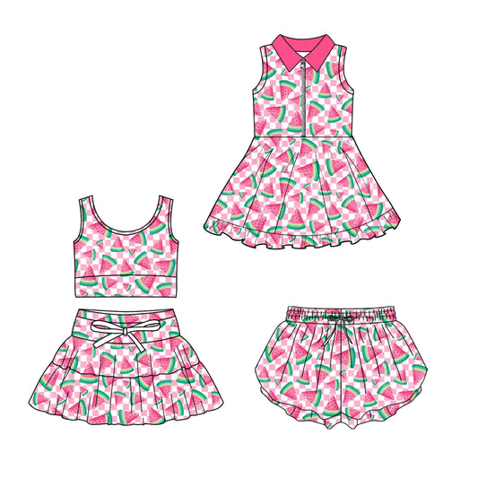 Custom moq 5 mix size Sibling Pink Watermelon Print Sleeveless Zip-Up Dress Baby Girls' Yoga Outfit with Skirt And Shorts