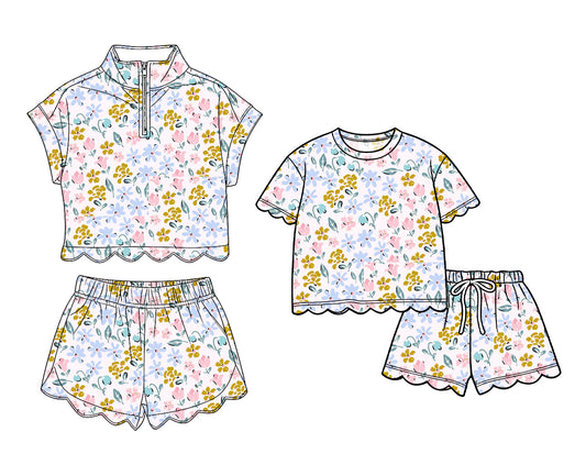 3.16 Custom moq 5 mix size Sibling Baby Girls Colorful Flowers Scallop Top And Shorts Outfit Set Cute Baby Girl Clothing Set