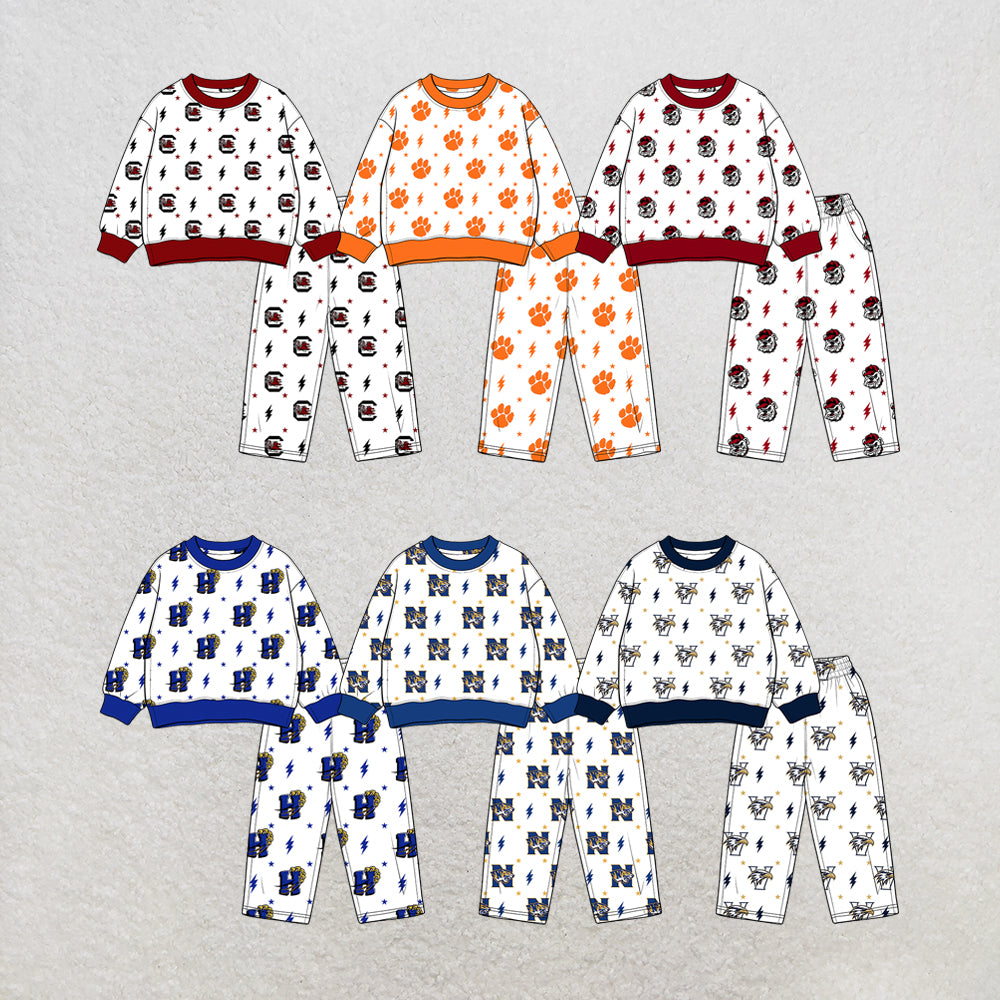 custom moq 5 mix size MSD070909 Baby Kids White Printed Long Sleeve Tops Pants Team Casual Outfit Set