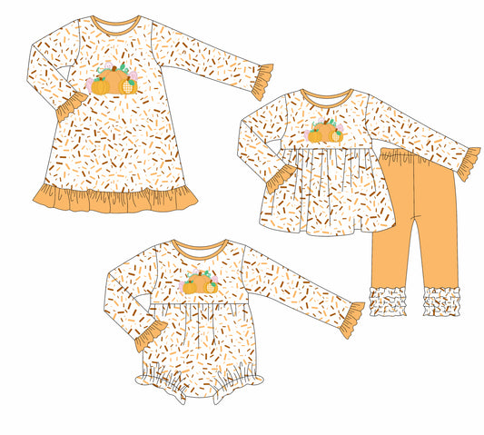 25.7.25 custom each style moq 5eta 4-6week Sibling Sisters pumpkin baby girl long sleeve pants sets and dress and rompers match family design