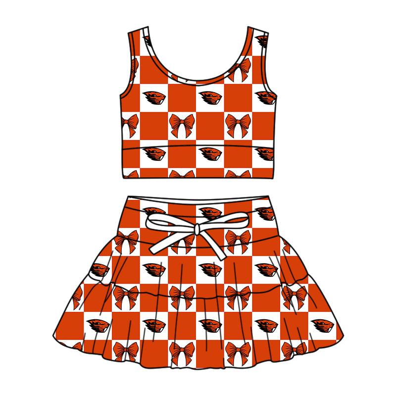 Custom moq 5 mix size Milk Silk Summer Girls' Set Animal Bow Print Plaid Sleeveless Skirt Three-Piece Set including a dress and shorts.