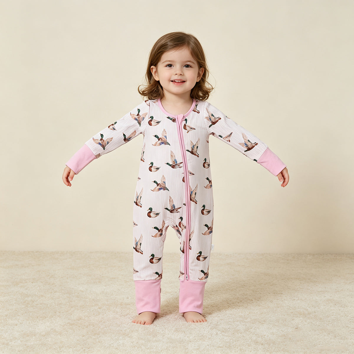 NEW RTS NO MOQ milk silk LR3218 Baby Girls Pink Stripe Ducks Two Way Zip Convertible Rompers