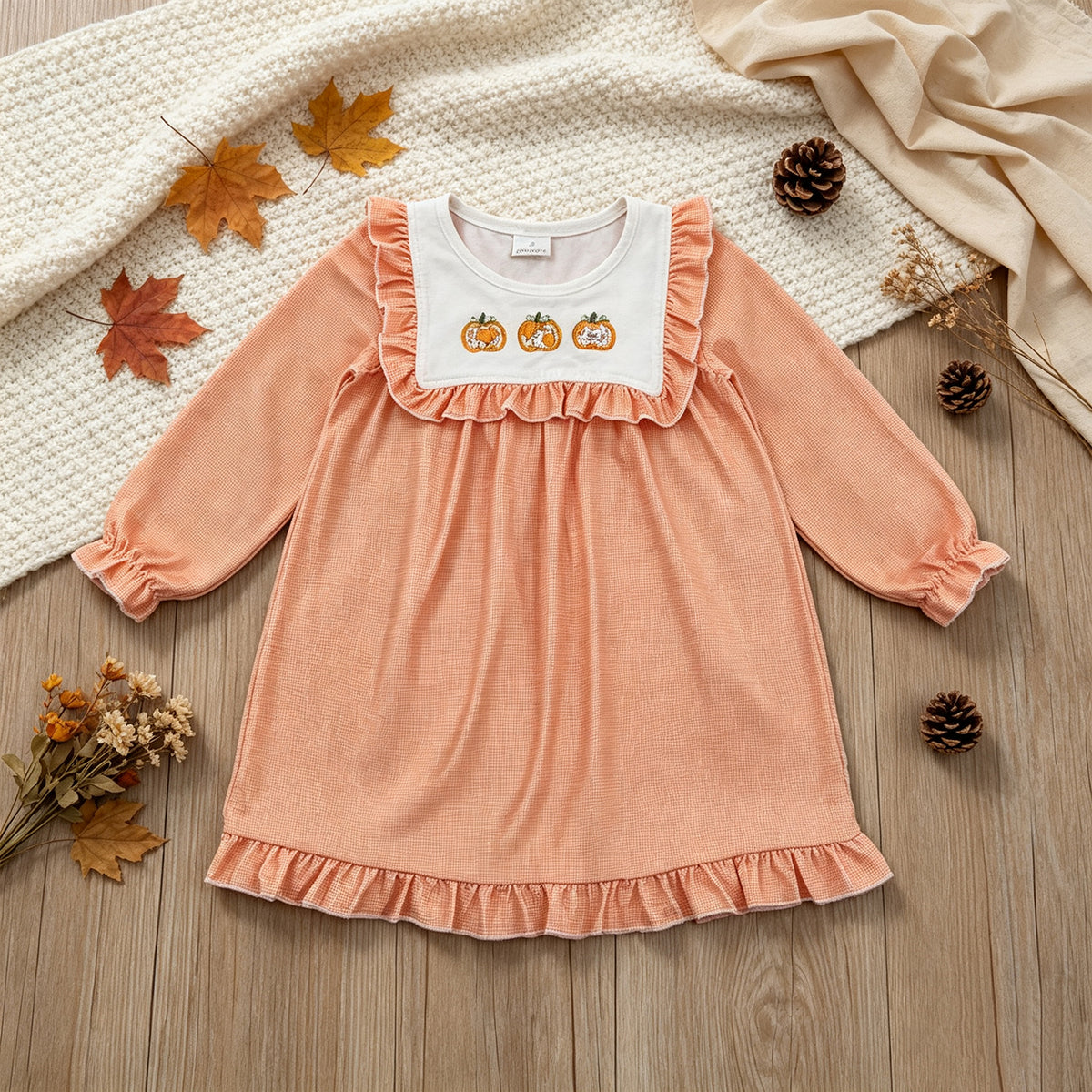 NEW RTS NO MOQ milk silk GLD1645 Embroidery Baby Girls Long Ruffle Sleeve Pumpkins Fall Ruffle Knee Length Dresses Autumn Casual Dress