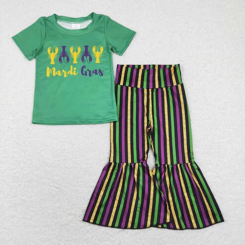 RTS NO MOQ Sibling Baby Girls Mardi Gras Top And Bell Bottom Stripe Pants for Infants