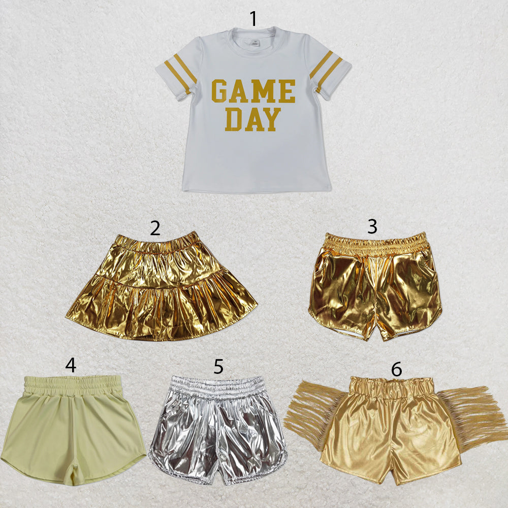 RTS NO MOQ Sibling yoga fabric Baby Girls Vinyl Yellow Game Day Print Top Matching Shorts Two Piece Team Active Clothes Set