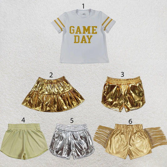 RTS NO MOQ Sibling yoga fabric Baby Girls Vinyl Yellow Game Day Print Top Matching Shorts Two Piece Team Active Clothes Set