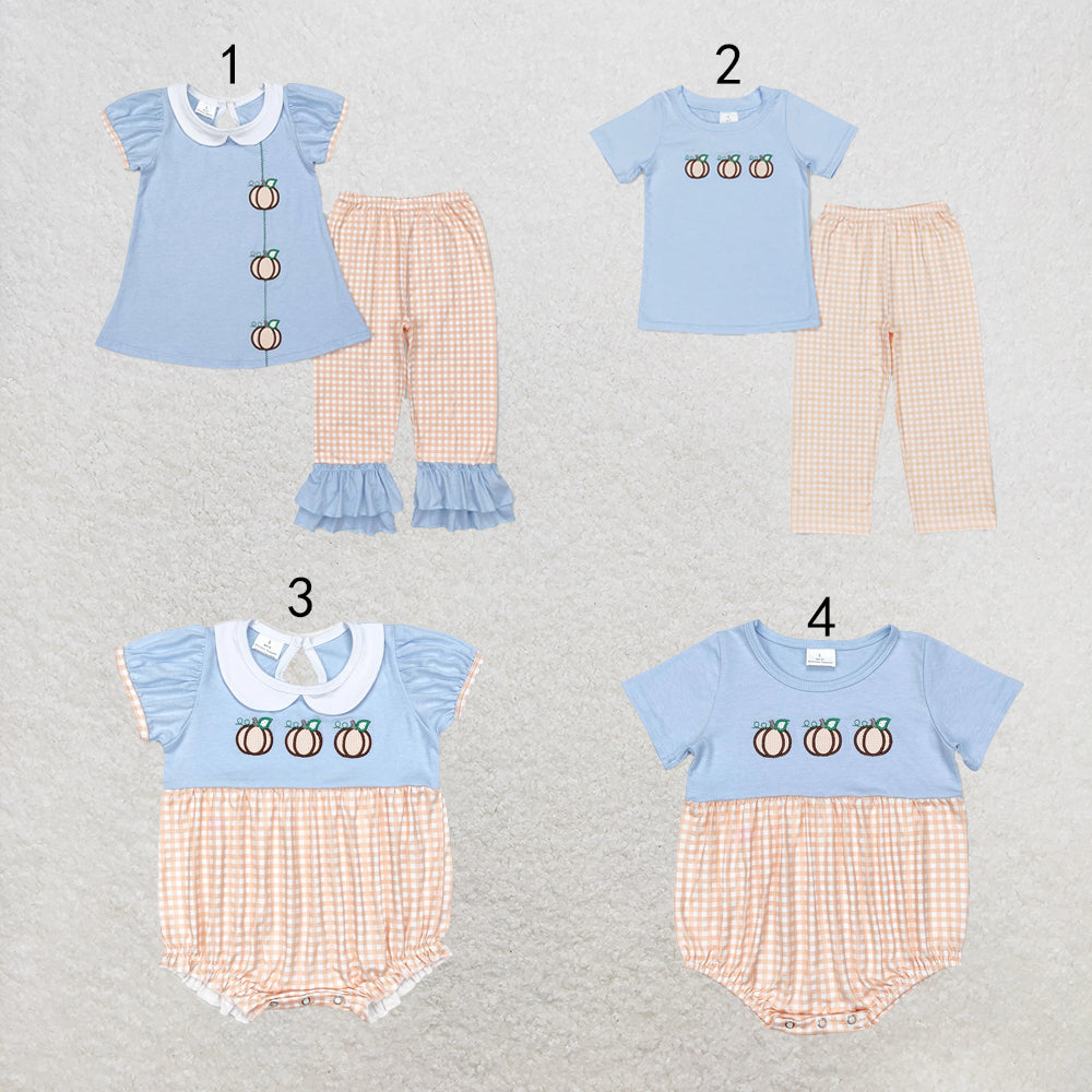RTS NO MOQ Sibling milk silk Baby Girls And Boys Embroidery Blue Pumpkin Tunic Top Ruffle Hem Pants Two Piece Fall Sets Rompers