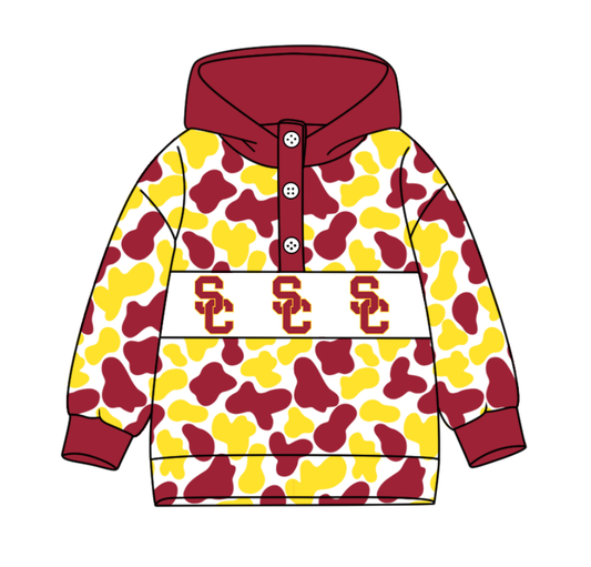 4-Custom moq 8 mix size milk silk summer team baby boy clothes camouflage red and yellow hooded long sleeve top-25.10.9