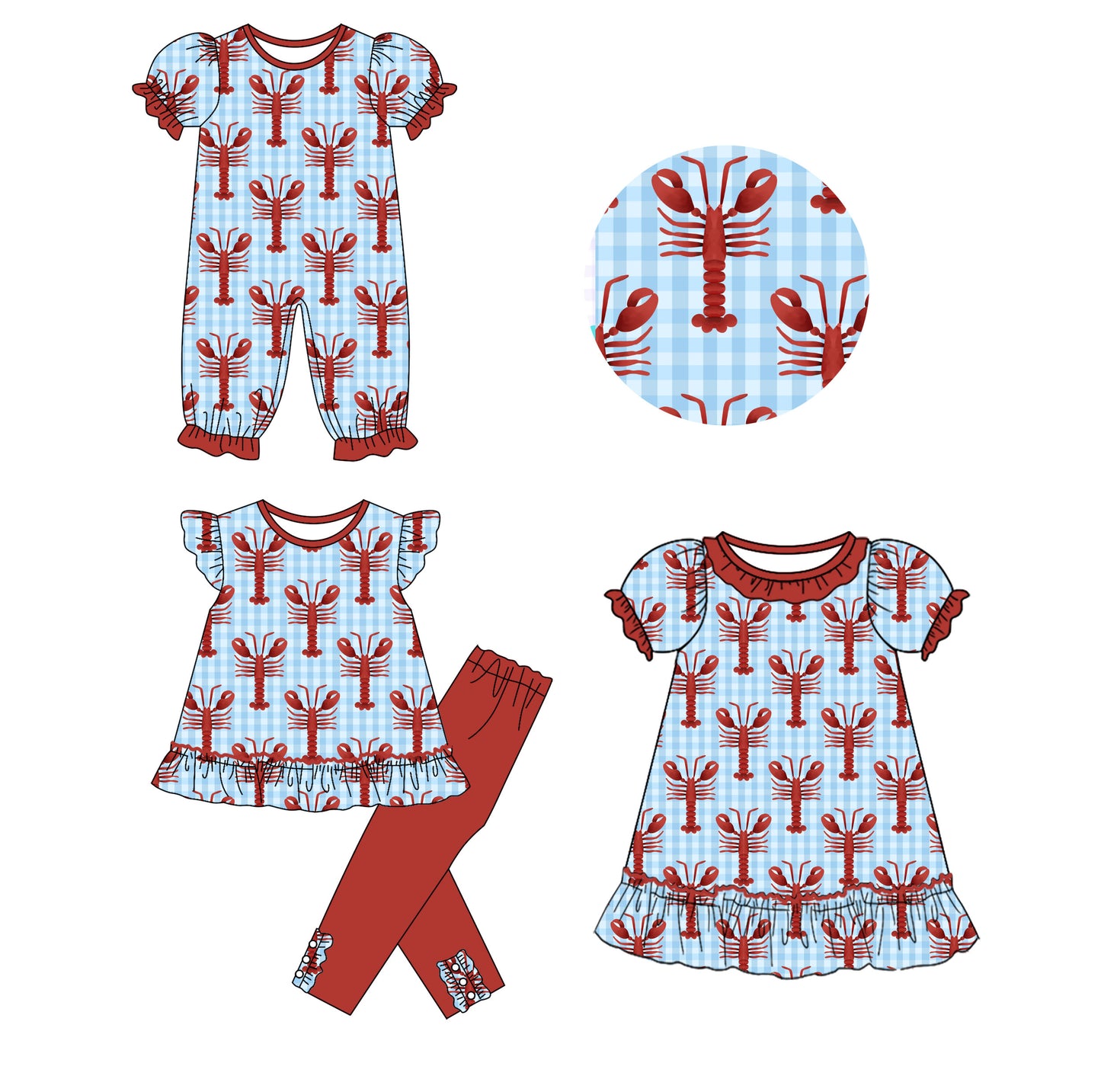 25.9.22 custom each style moq 8 eta 6-8week Sibling Sisters crayfish baby girl short sleeve pants sets and dress and rompers match family design
