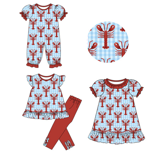 25.9.22 custom each style moq 8 eta 6-8week Sibling Sisters crayfish baby girl short sleeve pants sets and dress and rompers match family design