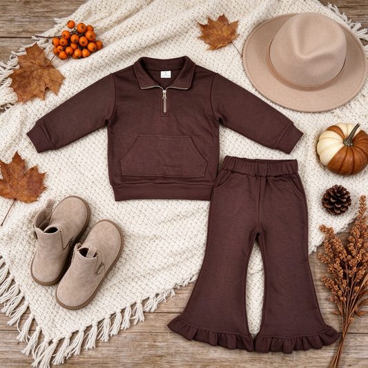 NEW RTS NO MOQ fleece GLP3491 Sweatshirt Material Kids Girls Brown Zip Pockets Top Flare Ruffle Pant Clothes Set Casual Outfit