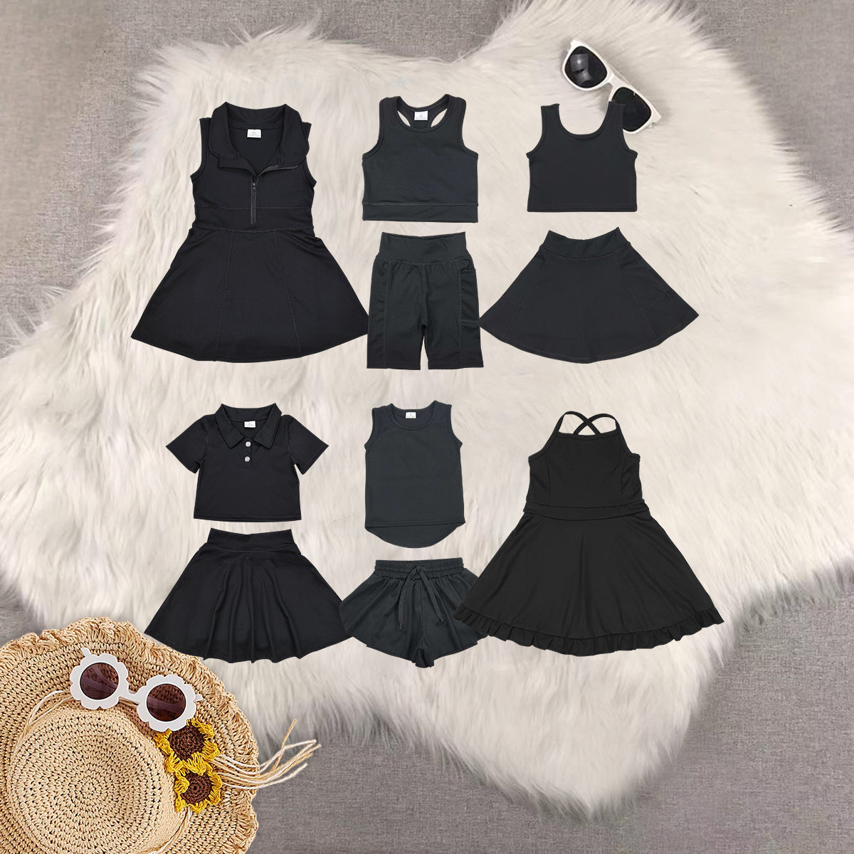 RTS NO MOQ Sibling baby girl clothes black sleeveless skirt yoga set and yoga dresses