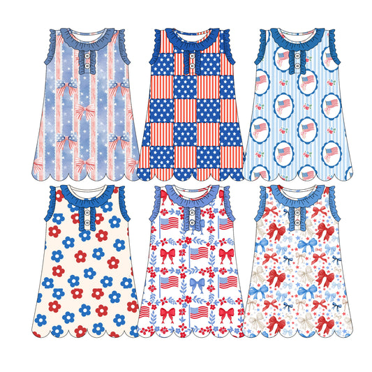 3.10 Custom moq 5 mix size Sibling 4th of July Baby Girls Sleeveless Knee Length Dresses
