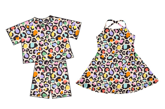 3.18 custom each style moq 5eta 4-6week Sibling Sister leopard baby girl short sleeve shorts sets and dresses match design