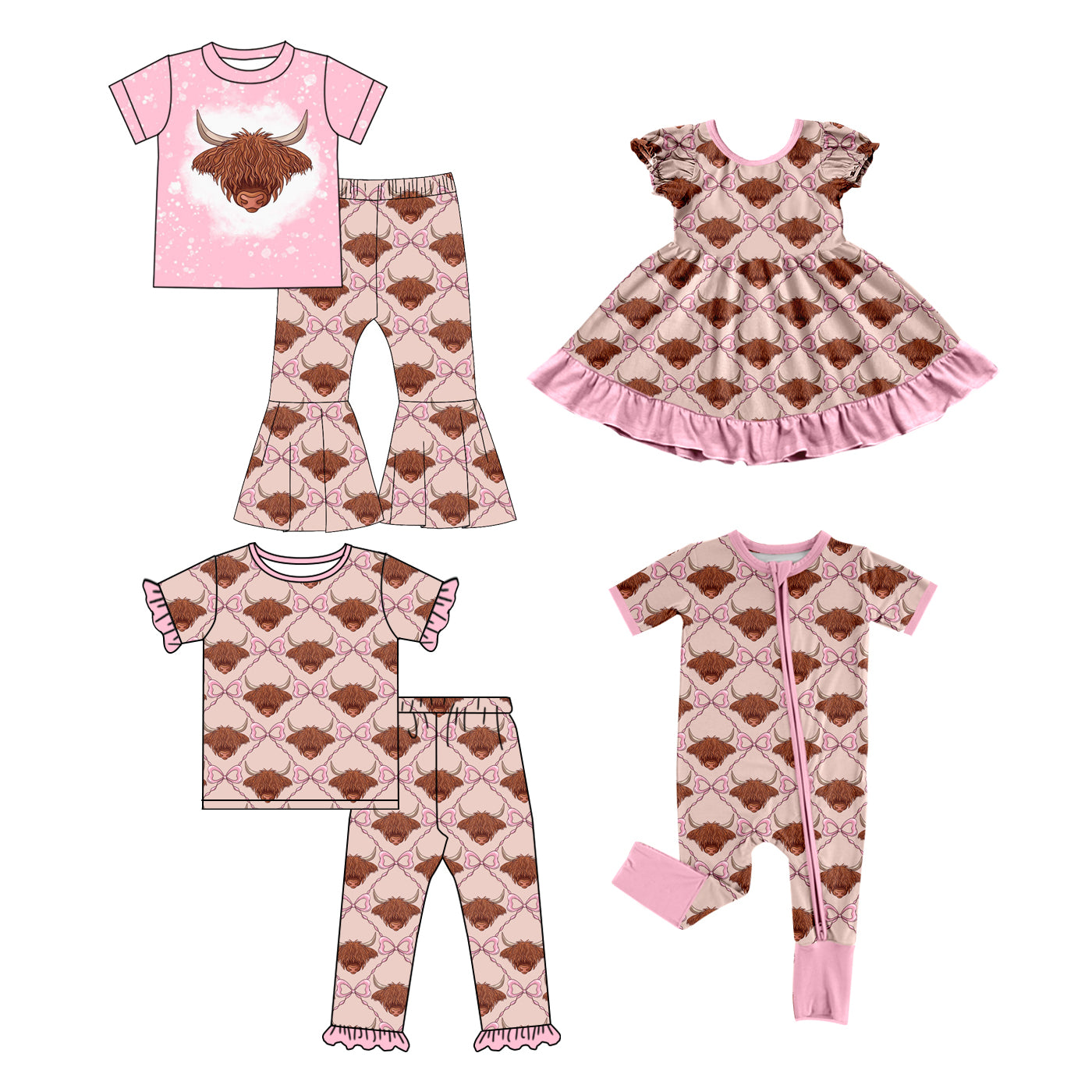 4.15 Custom moq 5 mix size Sibling Baby Girls Highland Cows Western Short-Sleeved Top Pant Set Romper dress