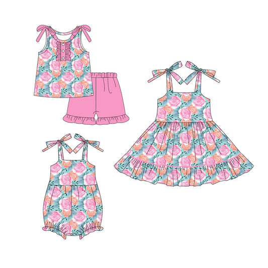 4.21 custom each style moq 5eta 4-6week Sibling Sisters florals baby girl short sleeve shorts sets and dress and rompers match family design