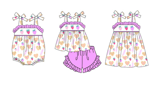 1.21 custom each style moq 5eta 4-6week Sibling Sisters strawberry baby girl short sleeve shorts sets and dress and rompers match family design