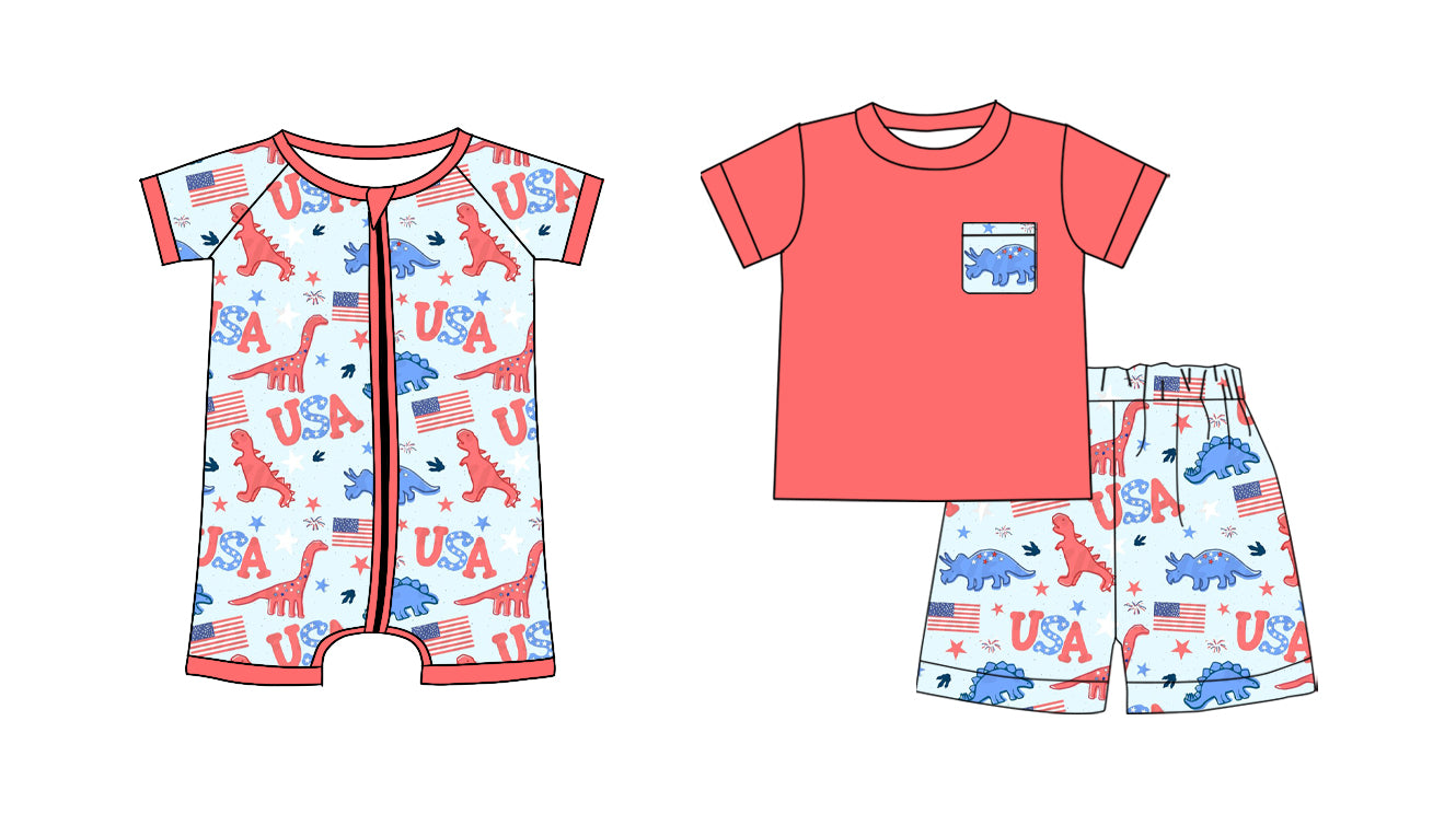 26.1.10 custom each style moq 5 eta 6-8week Sibling Sister USA dinosaur baby boy short sleeve shorts sets and romper match design
