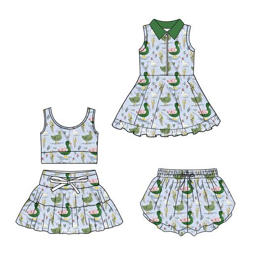 Custom moq 5 mix size Sibling Baby Girls duck print Sleeveless Yoga Top And Skirt Set Kids Yoga Dress Comfortable Sportswear with Shorts