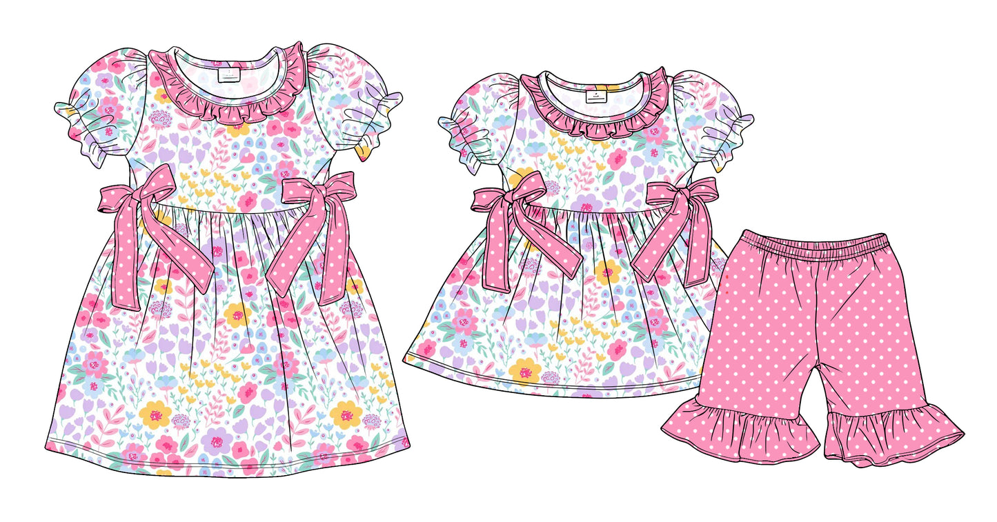 3.24  Custom moq 5 mix size Sibling Baby Girl's Pink Short-Sleeved Top with Bow And Short Set Cute Short-Sleeved Dress for Summer