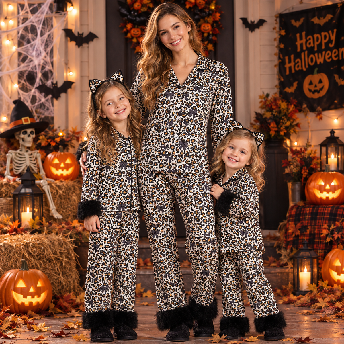 RTS NO MOQ Sibling milk silk Adult To Match Kids Leopard Bow Bat Print Fur Cuff Button Shirt Pants Set Zipper Romper And Minky Blanket