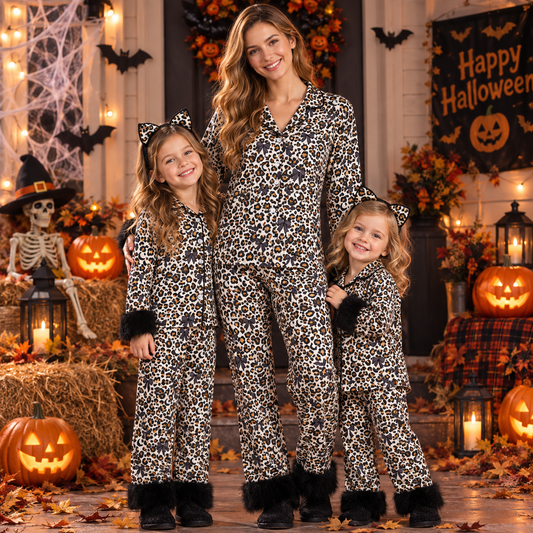 RTS NO MOQ Sibling milk silk Adult To Match Kids Leopard Bow Bat Print Fur Cuff Button Shirt Pants Set Zipper Romper And Minky Blanket