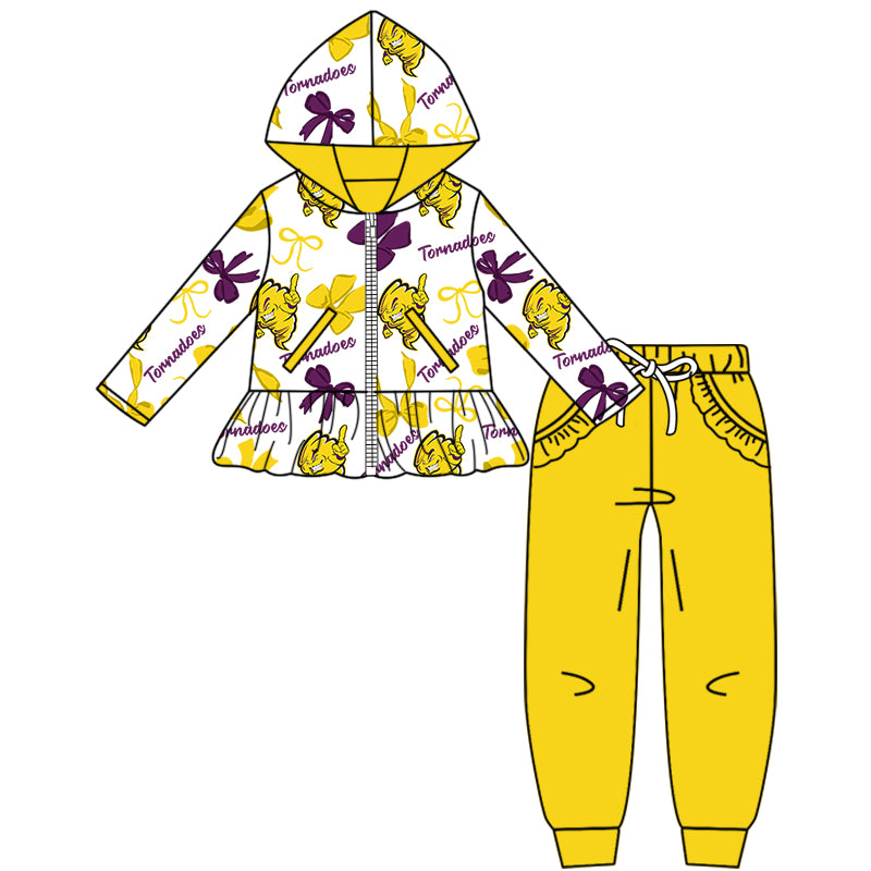 Custom moq 5 mix size milk silk summer teams baby girls clothes bow yellow hooded long sleeve pants sets and dress and top and hooded top and pant-25.8.13