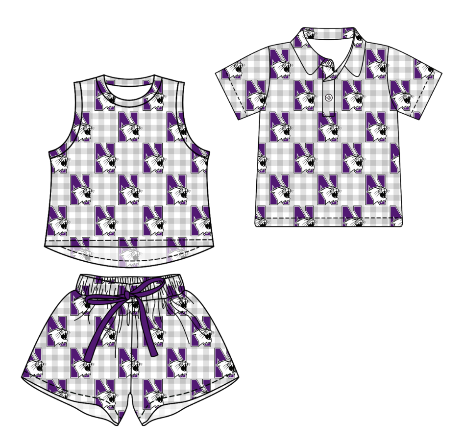 Custom moq 5 mix size milk silk summer teams Girls Sleeveless Grey Checked Top And Short Sets Boys Checked Short Sleeve Button Polo Shirt Top