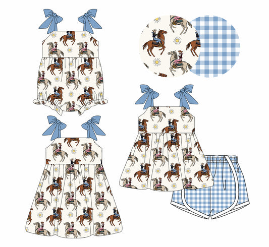 4.3 custom each style moq 5eta 4-6week Sibling Sisters riding horse baby girl short sleeve shorts sets and dress and rompers match family design
