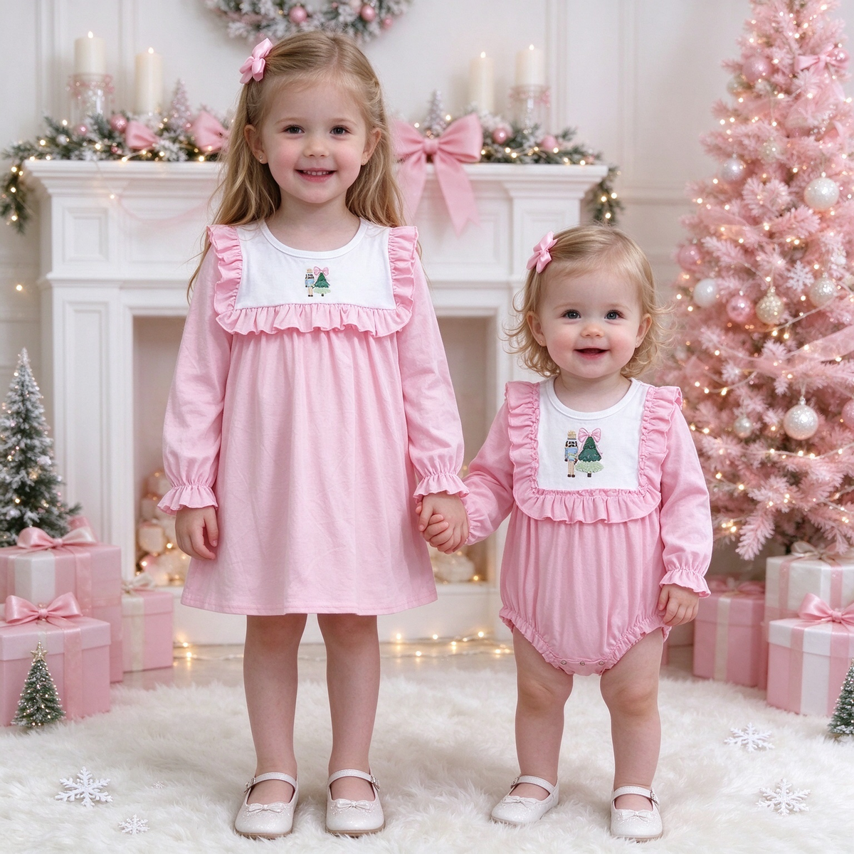 Baby Girls Nutcracker Christmas Collection - Ruffle Bubble Romper & Ruffle Long Sleeve Dress
